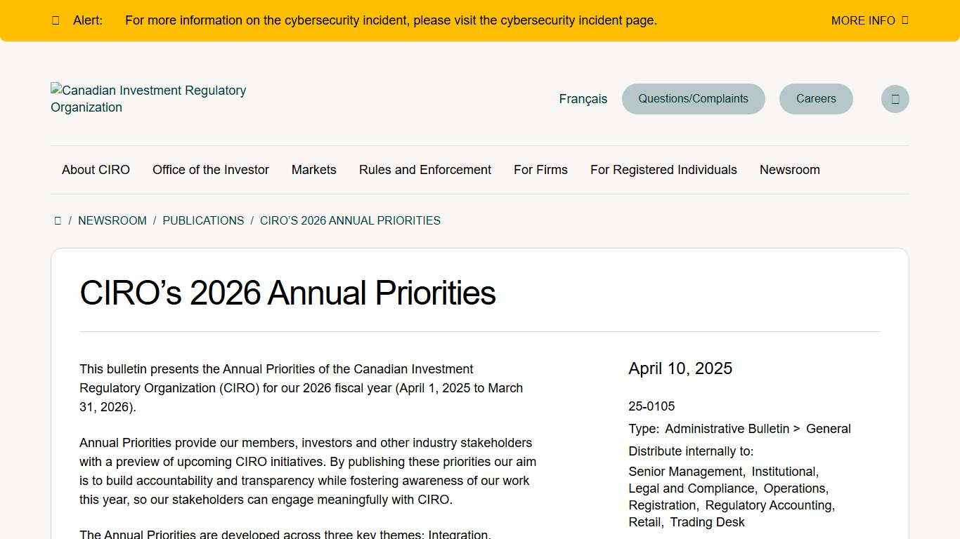 CIRO’s 2026 Annual Priorities Canadian Investment Regulatory Organization